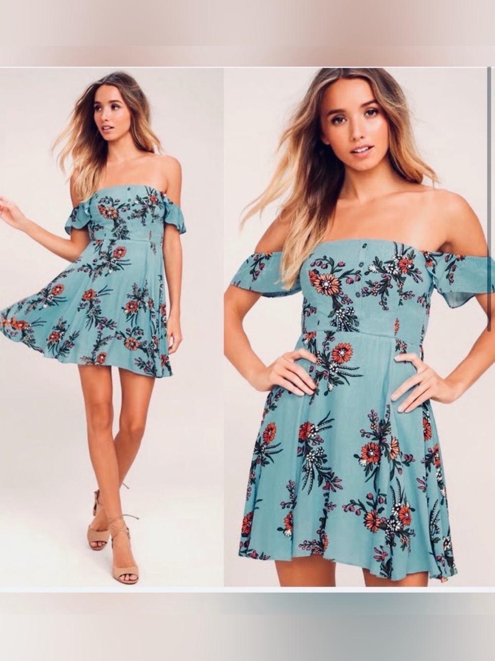 Lulus Off-Shoulder Floral Mini Dress in Teal Sz S - Picture 12 of 12